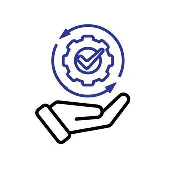 Automation icon. AI. Gear with a check mark and two circular arrows in hand. automatic, manager, web. Outline design style. vector