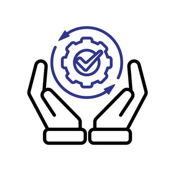 Automation icon. AI. Gear with a check mark and two circular arrows in two hand. automatic, manager, web. Outline design style. vector