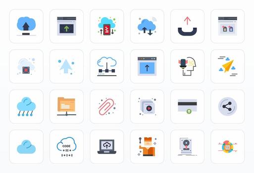 A set of flat icons that include cloud, cloud computing, and other technology vector