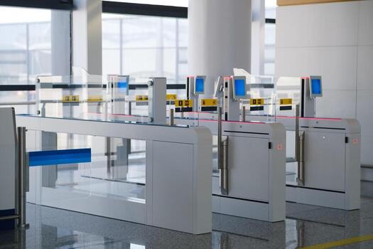 Modern automatic gates at an airport terminal facilitating passenger flow and security checks during busy travel hours in a spacious terminal environment photo