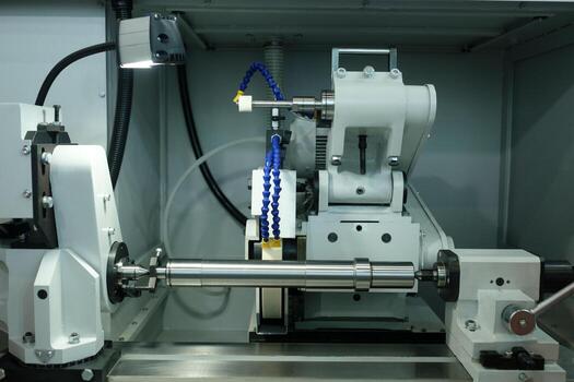 High precision machining process taking place in a clean environment with advanced CNC equipment working on metal components photo