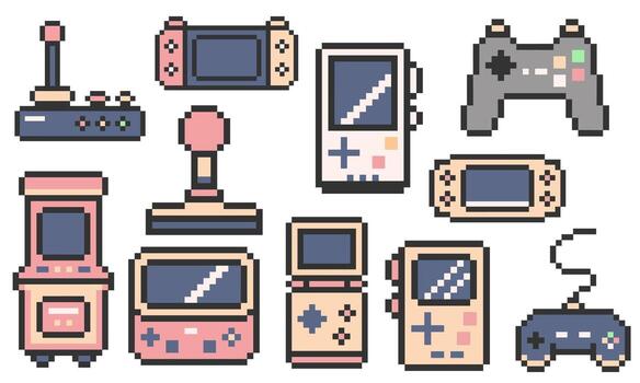 Pixel art gaming controllers and consoles vector