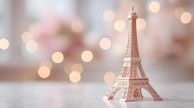 Pink Eiffel Tower Figurine on a Soft Blurred Background with Dreamy Bokeh Effect photo