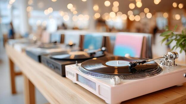 Vinyl Record Player on Table with Blurred Background and Beautiful Bokeh Lights in Cafe photo