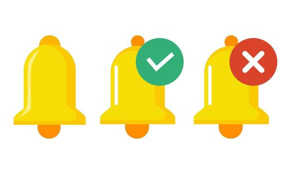 Set of Yellow Notification Bell Icons with Check and Cross Mark Status Symbols vector