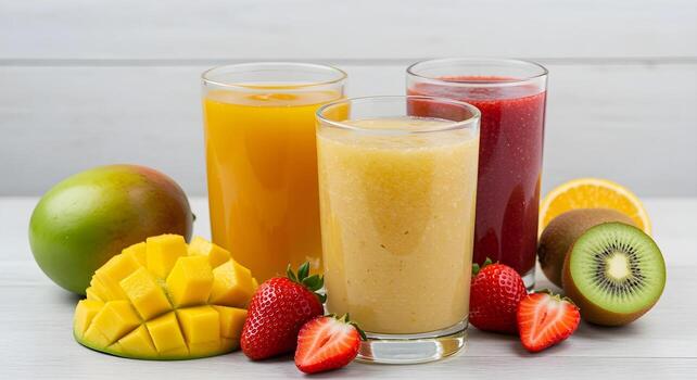 Fresh glasses of colorful fruit smoothies with mango and kiwi photo