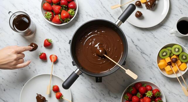 Top view of chocolate fondue pot with skewered strawberries photo