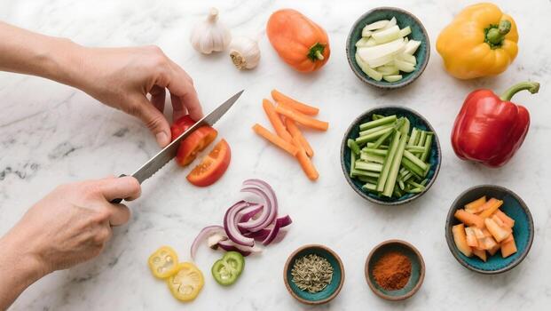Hands cutting vegetables and arranging spices on kitchen table photo