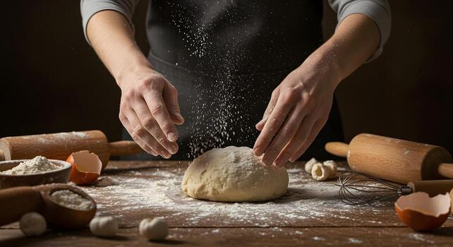Hands dusting flour on dough with baking utensils around table photo