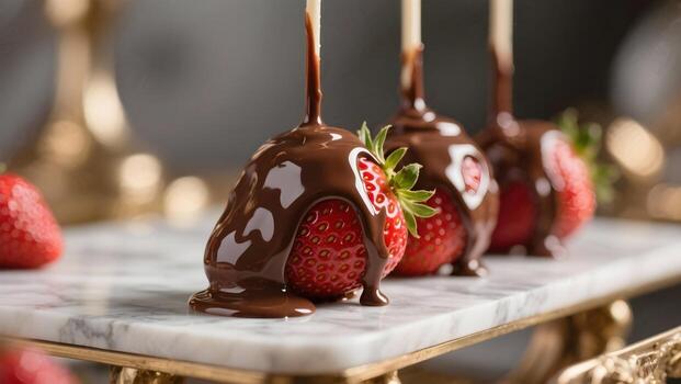 Strawberries dipped in rich chocolate sauce on elegant surface photo
