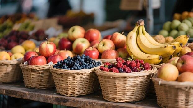 Fresh fruits displayed in wicker baskets at local farmers market photo