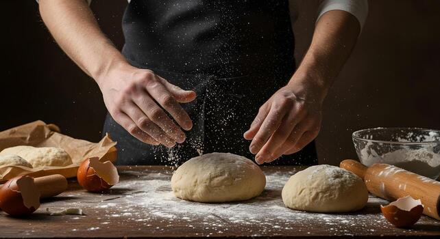 Flour being dusted on homemade dough during baking preparation photo
