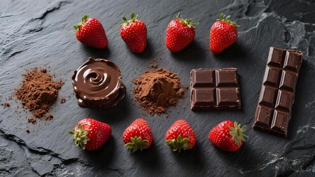 Flat lay of strawberries and melted chocolate with cocoa powder photo