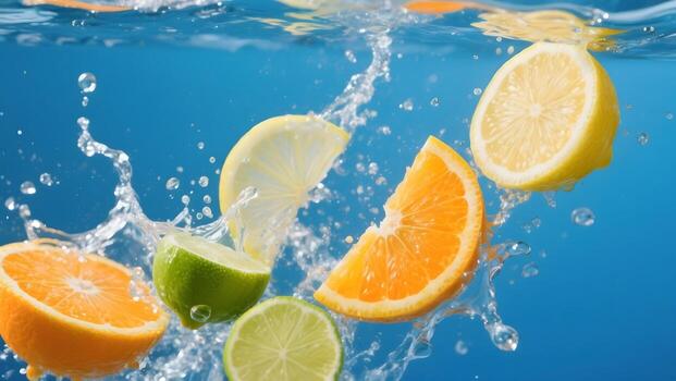 Fresh fruit slices splashing into clear blue water background photo