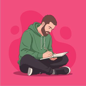 hombre en verde capucha sentado con las piernas cruzadas y escritura en un cuaderno vector