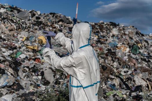 A person in protective gear uses a device to observe the landfill, surrounded by heaps of garbage and various types of pollution photo