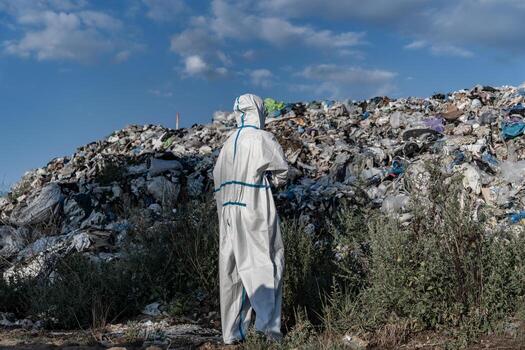 A worker in a protective suit studies a massive pile of garbage at a landfill site, highlighting the issue of pollution and waste management photo