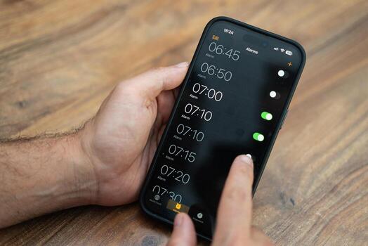 Male person holds modern smartphone setting time on alarm clock app ensuring to receive timely notifications to wake up early in morning for productive working day photo