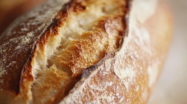 Golden-Crusted Artisan Bread Loaf Close-up with Fluffy Crumb, Ideal for Food Blogs, Recipe Websites, and Bakery Marketing Materials photo