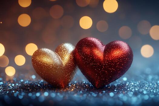 Romantic Sparkle Shimmering Red and Gold Glitter Hearts on Bokeh Background for Love Concepts and Celebration Designs photo