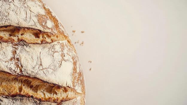 Freshly baked rustic bread with floury golden crust, ideal for food blogs, bakery ads, or menu design with copy space photo