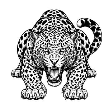 Fierce Leopard Illustration with Intense Eyes and Open Mouth, Aggressive Predator in Black and White vector