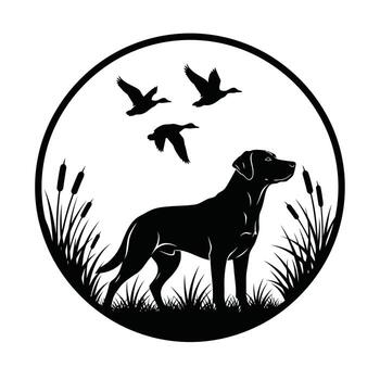 batir mediante el pantano, un ágil perdiguero soportes alerta como aves acuáticas rápidamente tomar vuelo, encarnando el espíritu de al aire libre aventuras y canino Dedicación en un sorprendentes circular diseño vector