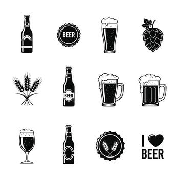 Set of beer icons and symbols, including bottles, glasses, hops, wheat, and caps, representing a variety of beer-related elements for design and branding purposes vector
