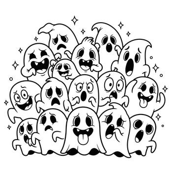 A Spooky and Fun Group of Cartoon Ghosts Celebrating Halloween with Happy and Scared Expressions vector