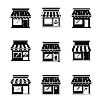 Set of nine black and white simple store icons and symbols representing different types of shops and businesses for design purposes vector