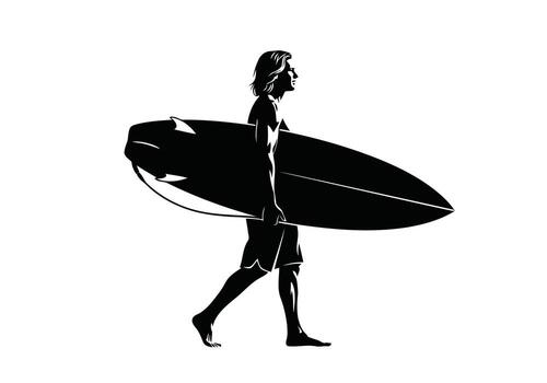 Graceful illustration depicting a surfer in motion, a striking silhouette of a man carrying his board, symbolizing freedom and the call of the waves for beach adventures vector