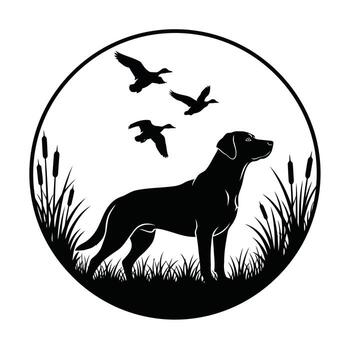Black Labrador Silhouette in Circular Frame with Ducks and Grass Design vector