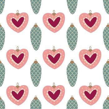Colorful hearts and pine cones pattern vector