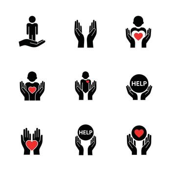 A collection of simple icons illustrating concepts of human compassion, support, care, and assistance for those in need, symbolizing community and help vector