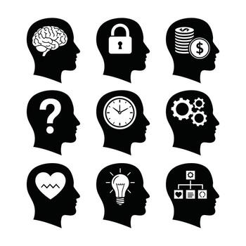 Diverse Conceptual Brain Icons Ideas, Thoughts, and Processes in Silhouettes vector
