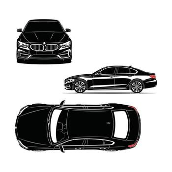 illustration of a modern black sedan, showcasing front, side profile, and top-down aerial views. Ideal for automotive design concepts, technical blueprints, and engineering vector