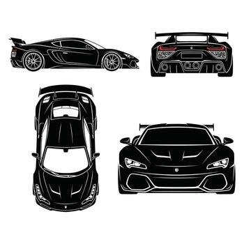 exhaustivo negro y blanco contorno de un pulcro, moderno Deportes auto, representado en frente, lado, trasero, y parte superior puntos de vista para versátil gráfico aplicaciones vector