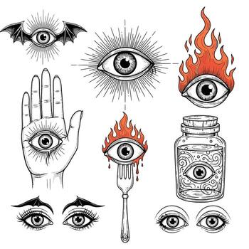Mystical eyes and occult symbols, a collection of hand-drawn esoteric illustrations featuring eyes in various forms vector