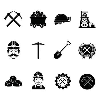 Set of Coal Mining Icons Pickaxe, Helmet, Cart, and Miner Illustrations for Industrial Design vector