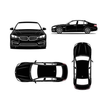 Set of black car illustrations showing front, side, and top views for design and presentation purposes vector