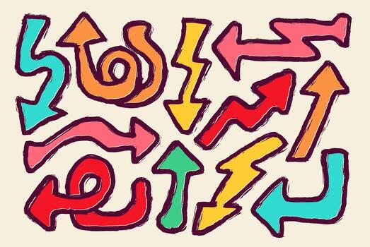 conjunto de dibujado a mano vistoso flecha elementos y grunge cepillos garabatear concepto y estilo boceto ilustración. señales aislado en blanco antecedentes vector