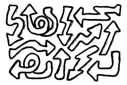 Set of hand-drawn grunge-style arrow shapes and direction symbols. Black and white graphic element design suitable for various creative projects vector