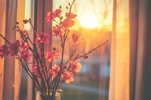 Sunset view through curtains with blooming flowers indoors photo