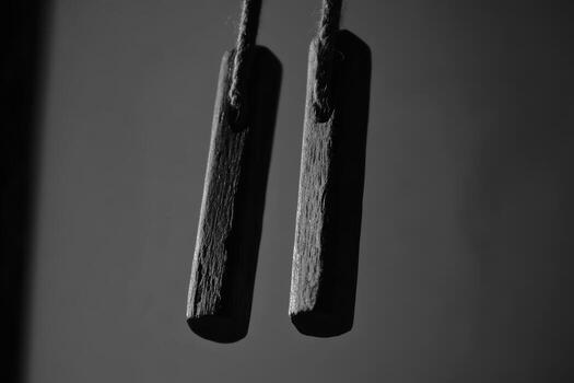 Wooden blocks hang from string in black and white simplicity photo