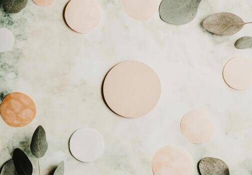 Decorative circles and leaves arranged on marble surface photo
