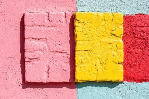 Colorful textured wall with yellow, pink, and red blocks photo