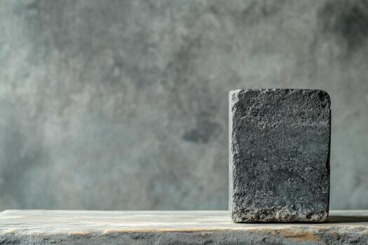 Solid concrete block on a rustic wooden table background photo