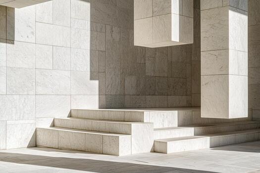 Modern architecture featuring floating marble blocks in sunlight photo