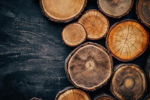 Rustic wood slices arranged artistically on a dark surface photo
