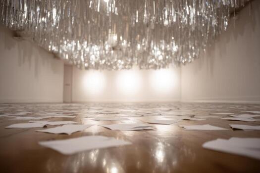 Art features hanging lights and scattered papers photo